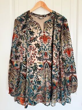 Coldwater Creek Boho Burnout Velvet Paisley Tunic Blouse Floral Sheer Multi Top